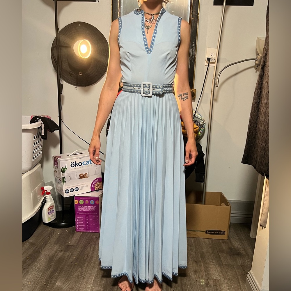 Vintage 70s Baby Blue Belted Gown